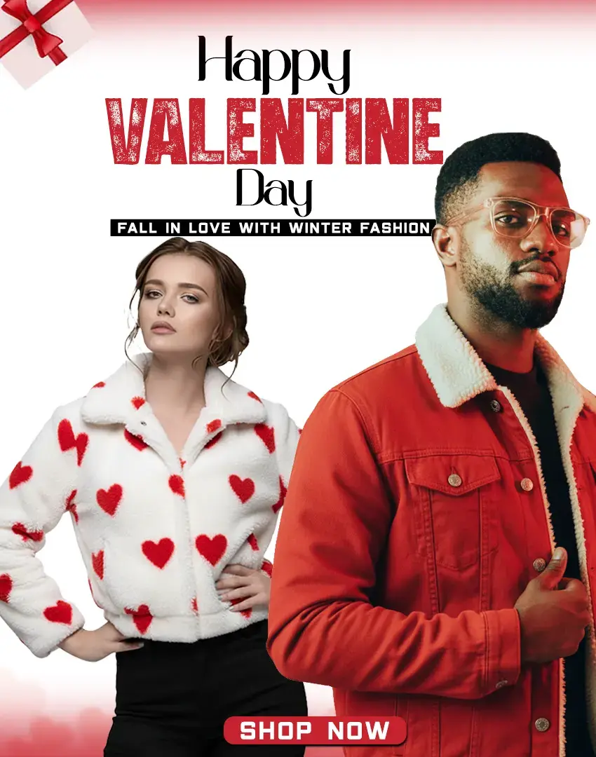 Valentine’s Day mobile banner showcasing romantic outerwear picks for men and women