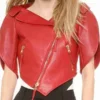 heart shaped red leather jacket for women showcasing a feminine tailored fit and reinforced stitching for a polished finish.