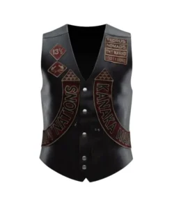 Front view of the jonny hale biker leather vest in black leather with silver snap buttons and detailed First Nations patches.