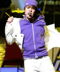 Justin Bieber oversized purple hoodie streetwear look