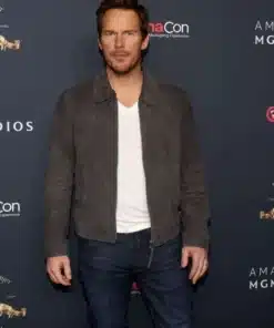Chris Pratt Mercy 2026 grey suede leather jacket premiere look