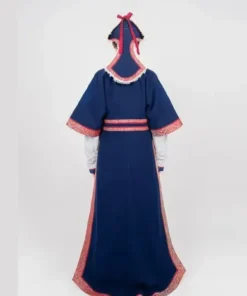 Back view of the Milano Cortina 2026 Team Mongolia womens outfit featuring a navy ceremonial deel with high collar and red embroidered trim.