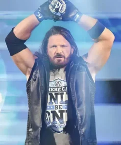 AJ Styles Royal Rumble 2026 black leather vest front look