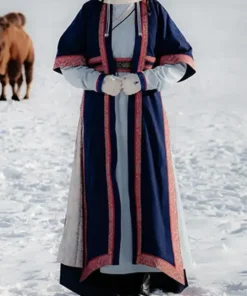 Winter Olympics 2026 Mongolia womens deel showing a traditional blue robe with red patterned borders and a belted deel womens outfit silhouette.