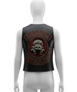 Back view of The Wrecking Crew 2026 Jason Momoa Biker Leather Vest featuring the Redrum Nomads MC patch for Jonny Hale’s motorcycle look.