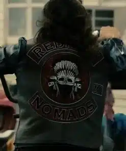 Back view of the wrecking crew 2026 leather vest featuring Redrum Nomads MC patches and a skull graphic on a biker riding a motorcycle.