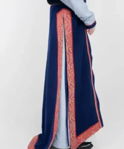 Side profile of the winter games 2026 team mongolia womens robe, showcasing the long slit design and traditional mongolian deel womens styling.