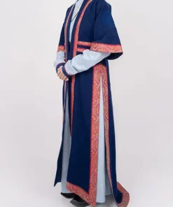 Full view of the Winter Olympics 2026 Mongolia womens deel, a navy ceremonial deel robe outfit designed for the Milano Cortina winter styling.