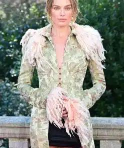 A medium shot of the Margot Robbie John Galliano feather collar coat, showcasing the intricate floral brocade and trim.