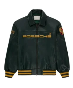 Aime Leon Dore Porsche 993 Leather Jacket featuring a front view showcasing the expert stitching and premium finish.