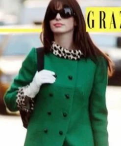 Anne Hathaway The Devil Wears Prada Green Coat featuring a vibrant emerald tone and a classic high fashion silhouette.