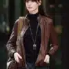 Anne Hathaway The Devil Wears Prada Leather Jacket shown in a high quality finish to highlight the expert tailoring.