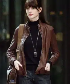 Anne Hathaway The Devil Wears Prada Leather Jacket shown in a high quality finish to highlight the expert tailoring.