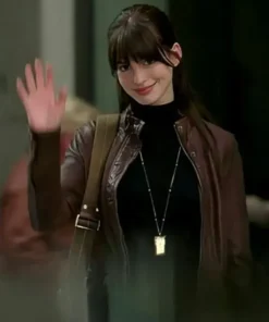 Anne Hathaway The Devil Wears Prada Leather Jacket front view showing the sturdy zipper and detailed leather panels.