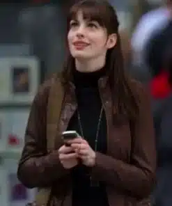 Anne Hathaway The Devil Wears Prada Leather Jacket in a rich brown tone with a professional tailored fit for fans.