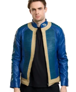Fallout Vault Dweller Blue Leather Jacket with a simple and clean design for a modern gaming style.