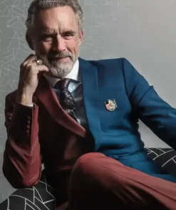 Heaven and Hell Jordan Peterson Suit with a blue and maroon split aesthetic and professional lapel collar design.
