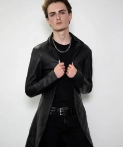 Mens Classic Black Leather Trench Coat featuring a traditional collar and button details for a sophisticated style.