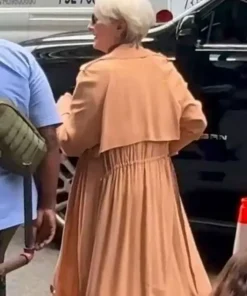 Miranda Priestly The Devil Wears Prada 2 Coat shown from the back to display the elegant drape and seamless tailoring.