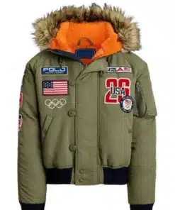 Olympic 2026 Team USA Green Bomber Jacket featuring a classic fit and team patches in a green color.