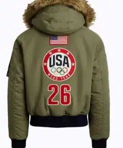 Olympic 2026 Team USA Green Bomber Jacket shown from the back to highlight the large graphics and clean stitching.