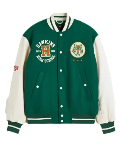 Stranger Things Baseball Jacket featuring a front view buttons and high quality wool fabric.