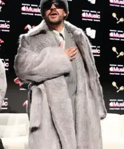 Super Bowl LX Bad Bunny Coat featuring a luxurious grey design and oversized fit for a bold celebrity look.