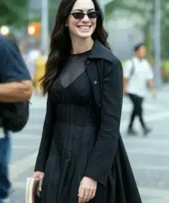 The Devil Wears Prada 2 Andy Sachs Black Coat worn by the character to show the luxurious drape and modern fit.