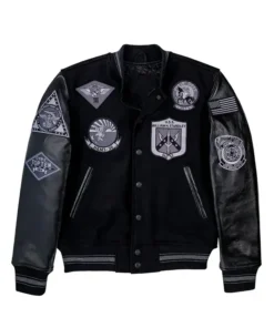 Top Gun Stealth Varsity Jacket shown in a deep black color with matching ribbed cuffs and a comfortable collar.
