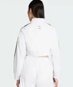 Womens Cropped Track Jacket back view showing the seamless white paneling and elegant high fashion garment flow.